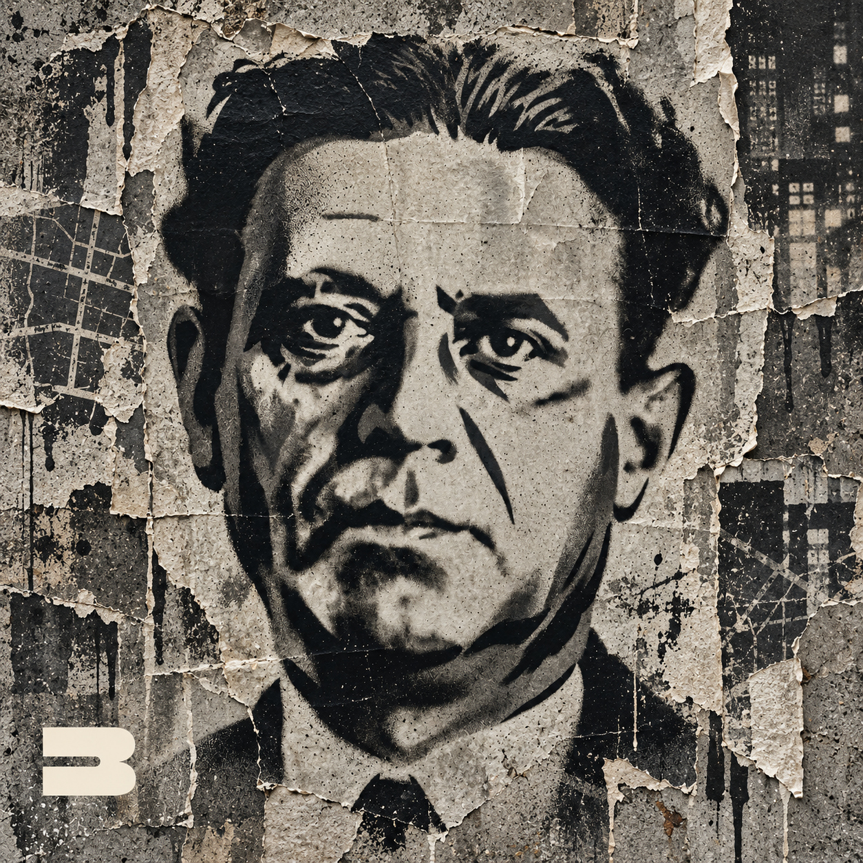 Cover Augen in der Großstadt: Tucholsky-Porträt im Stil einer urbanen Plakatwand